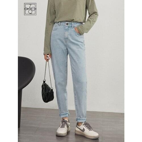 ZIQIAO Women Pants Office Lady High-waisted Jeans Womens Straight Loose 2021 New Chic Smoke Pipe Blue Women Nine Pants