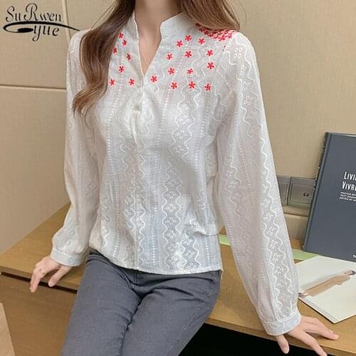Korean Style Elegant V-neck Long Sleeve Embroidered Womens Shirt 2021 Autumn New Casual White Slim Lace Blouses Women 11301