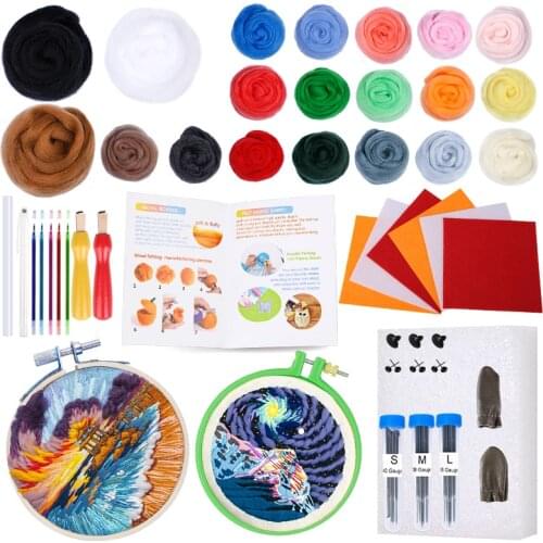 Nonvor 80g Wool Roving Felting Starter DIY Kit Felt Fabric Embroidery Hoop Felting Needles Kits for Beginners Painting Homemade