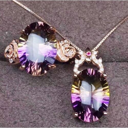 Ametrine jewelry set Free shipping 925 sterling silver 1pc 6.5ct pendant, 1pc 6.5ct ring Fine jewelry Rose style ring J8073105
