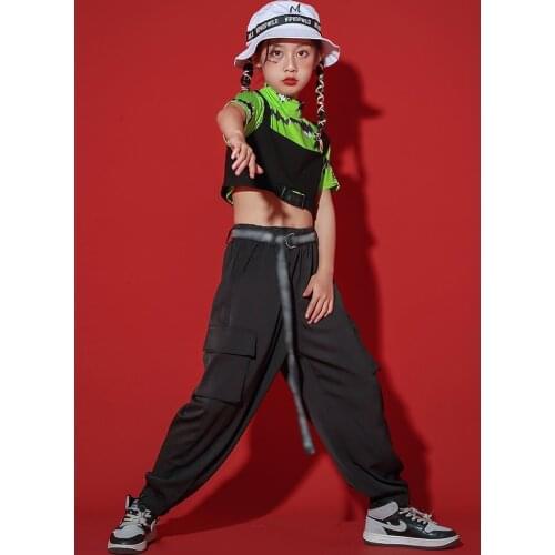 Jazz Dancing Costume Suit Vest Tops Sweatpants Girls Summer Street Dance Outfits 3 Pcs Hip Hop Performance Stage Wear YS1796
