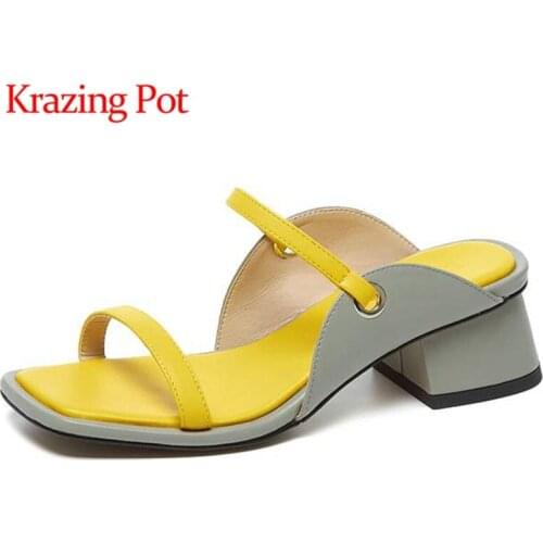 Krazing Pot new genuine leather square toe med heels high street fashion concise style peep toe slip on mules women sandals L7f2