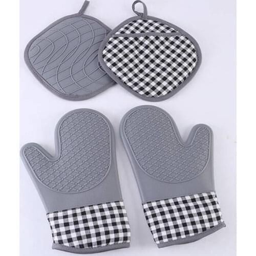 Hot Pads Silicone Oven Mitts and Pot Holders Sets with Quilted Liner Heat Resistant Kitchen Mitt Waterproof Flexible Gloves for