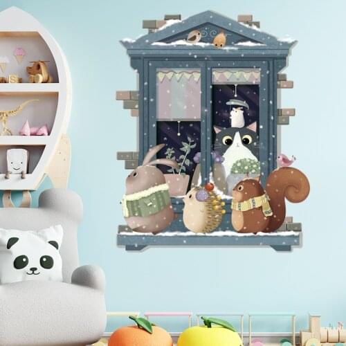 Nordic Cartoon Animal Pattern Wall Stickers Home Decor Creative Window 3d Wallpaper Decals Kids Room Living Room Decor Art