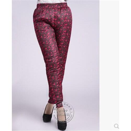 Latest Women Female warm pants Big yards Thick Printing Elastic waist Winter Middle-aged elderly Cotton trousers A8883