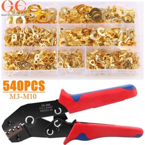 540pcs M3-M12 Electrical Wire Crimp Terminals Connerctors Non-Insulated Ring Lugs Cable Connector Crimper Plier Tools Set