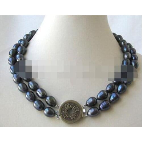P3207 - 2row 17-18" 9-10mm natural black baroque freshwater pearl necklace
