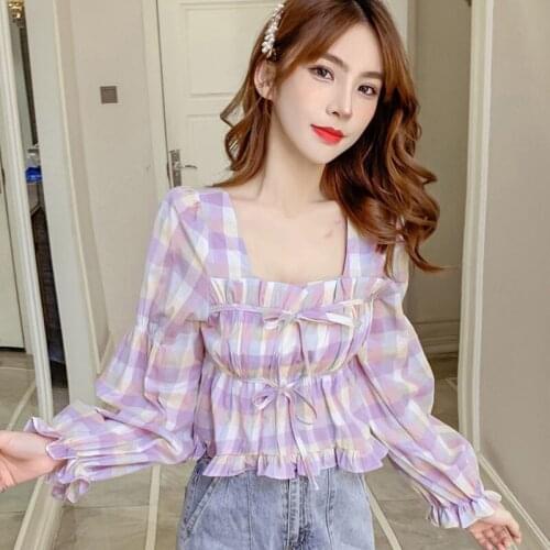 Sexy Women Blouses Korean Style Femmes Plaid Color-Blocking Square-Neck Slim-Fit Long-Sleeved Shirt Top