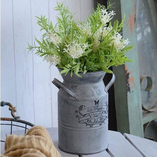 Retro Grey Iron Home Decor Tabletop Flower Vase With Two Handles Around Neck and Black Butterfly Flowers Printed On