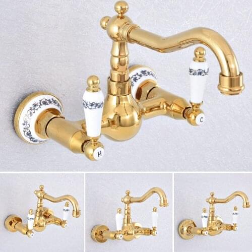 Luxury Gold Color Brass Basin Faucet Cold Hot Water Mixer Tap Dual Handle Swivel Spout Bathroom Kitchen Basin Sink Faucet
