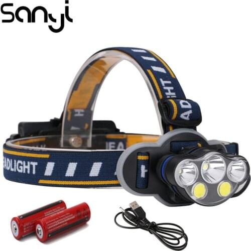 SANYI 1*T6+2*XPE+2*COB Headlight 18650 Battery Camping Light Super Bright Flashlight Forehead USB Rechargeable LED Head Lamp