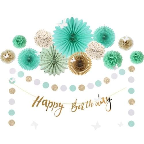 15pcs Mint Green Party Decoration Happy Birthday Banner PomPom Flower Paper Fans Gold Glitter for Summer Party Decorations