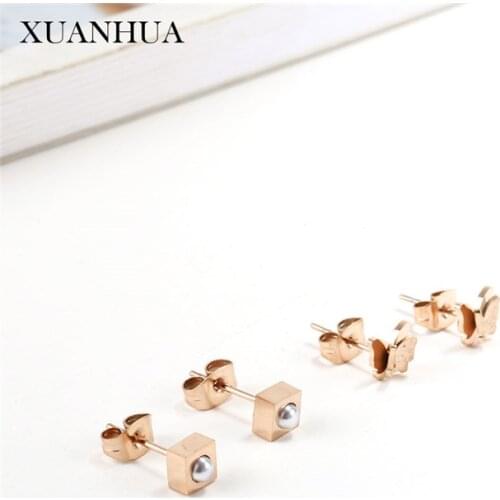 XUANHUA Stainless Steel Jewelry Woman Rose Gold Butterfly Pearl Earrings For Women Jewellery Accessories Mass Effect Wholesale