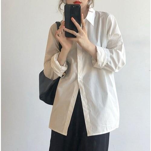 Oversized Women White Casual Shirts New 2021 Korean Style Turn-down Collar Solid Color Loose Ladies Long Sleeve Tops W393