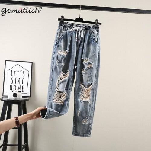 GEMUTLICH Women Plus Size Denim Ripped Hole Pants High Elastic Waist Casual Harem Loose Big Size Trousers Spring Jeans