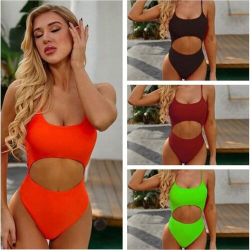 Women Sexy Solid Color Slim-Fit Adjustable Sling One-Piece Swimsuit Fashion Hollow Exposed Navel Lightweight Quick-Drying Bikini