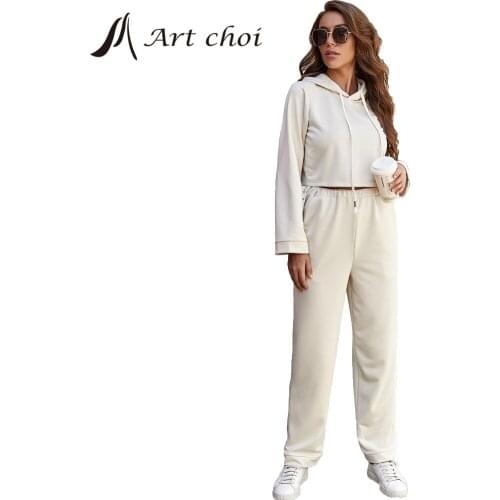 Tracksuit Women Sports 2 Pieces Sets Sweatshirts Gym Clothing Fitness Loose Pants + Hoodie Cropped Shirts Navel Sport Suit