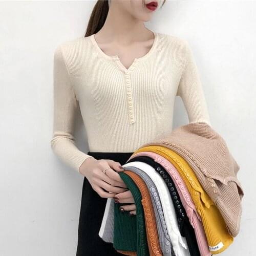 Zoki V Neck Women Sweater Fashion Chic Single Breasted Pullover Knitted Female Slim Top Long Sleeve Solid Casual Girls Jumper