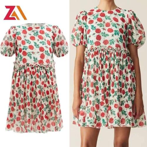 Women Red Rose Print Dress Pleated Short Dresses Puff Sleeve High Waist Spring Summer O-neck Female Chic Korean Mini Dresses ZA