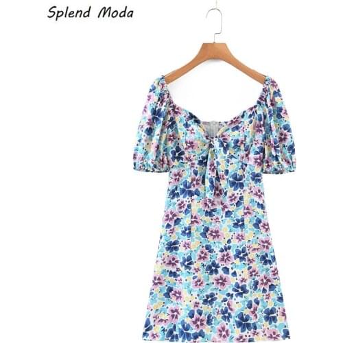 Splend Moda Vintage Knotted Square Collar Summer Puff Sleeve Floral Print Dress High Waist Slim Sweet Women Dress Zipper Vestido