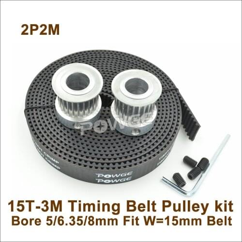 POWGE 2pcs 15 Teeth 3M Timing Pulley Bore5/6.35/8mm + 2meters W=15mm 3M Rubber Synchronous Open Belt 15T 15Teeth HTD3M Pulley