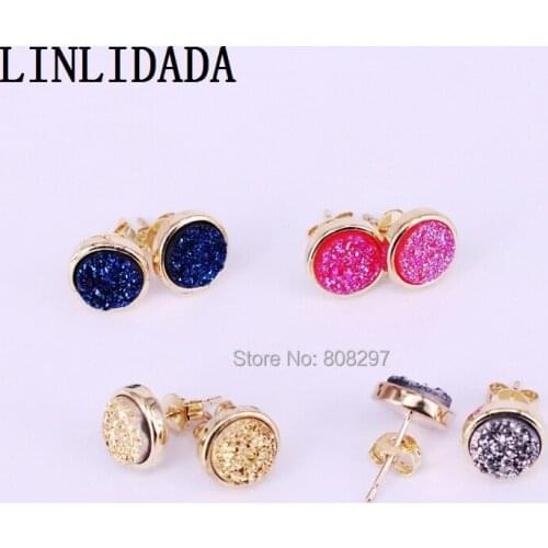 10Pair New Arrival Titanium Quartz Stone Stud Earrings 10mm Multi-Color Round Shape Drusy Geode Earring