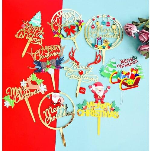 5 Pcs Acrylic Color Printing Cake Topper Merry Christmas Happy New Year Cupcake Toppers Flags DIY Baking Baby Shower Kids Party