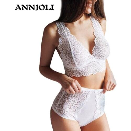 ANNJOLI Women Erotic Plant Pattern Lingerie Lace Sex Transparent Bra Set Push Up Seamless Embroidery Bralette Mesh Underwear Set