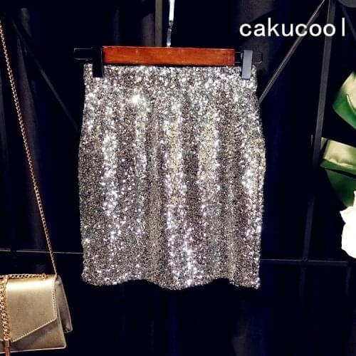 Cakucool Silver Sequined Skirt Slim Straight Mini Skirt Embellish Beading High Waist Skirts Design Party Club Sexy Bodycon Skirt