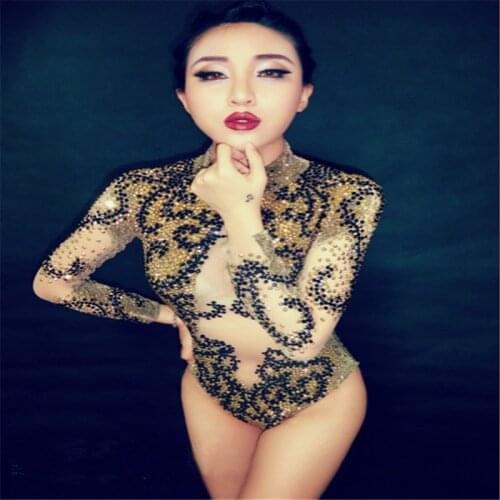 D73 Female sexy stage bodysuit ballroom dance costumes Rhinestone mesh jumpsuit singer wears dress Perspective outfits clothes