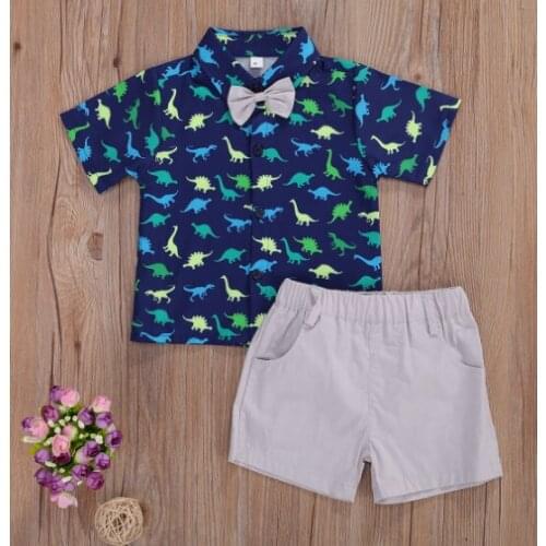 Baby’s Summer Outfits, Short-Sleeves Floral Shirt with Bow Tie + Solid Shorts Set for Little Boy, 1-6 Years