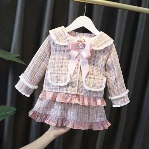 DFXD Winter Toddler Girls Clothing Set For 1-5T Pink Plaid Bowknot Princess Jacket Coat+Skirt 2PC Plus Velvet Elegant Party Suit