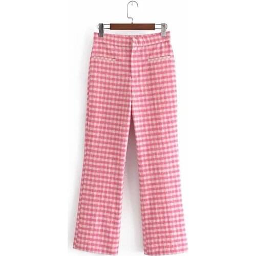 DOUJILI 2021 New Pink Plaid Pants High Waist Pocket Zipper Wide Loose Long Trousers For Fashion Women Pants