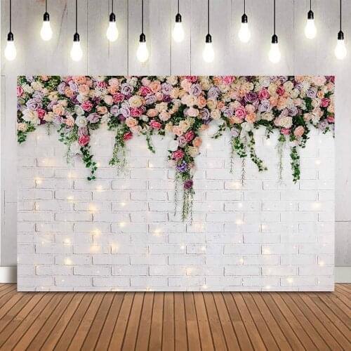 Wedding White Brick Wall Photography backdrop Bridal Shower floral Photo Booth background studio flowers photocall photo shoot