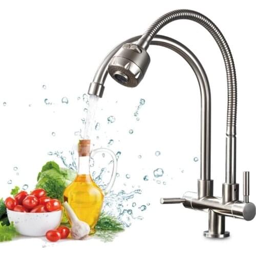 Stainless Steel Kitchen Faucet Single Cold Water Tap 360 Degree Rotation Sink Tap Dual Handle Universal Tube Double Pipe Outlet
