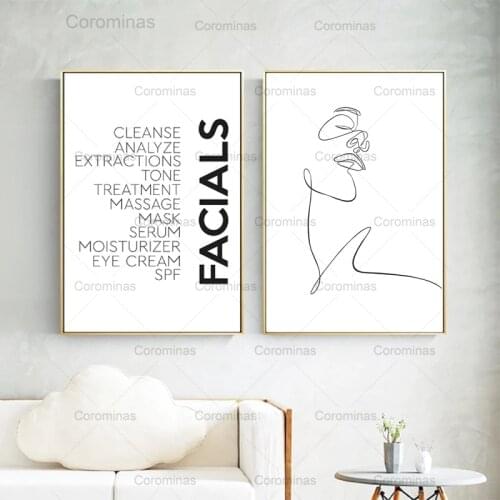 Facials Quotes Canvas Print Spa Beauty Poster Scandinavian Esthetician Gift Woman Face Sketch One Line Drawing Living Room Decor