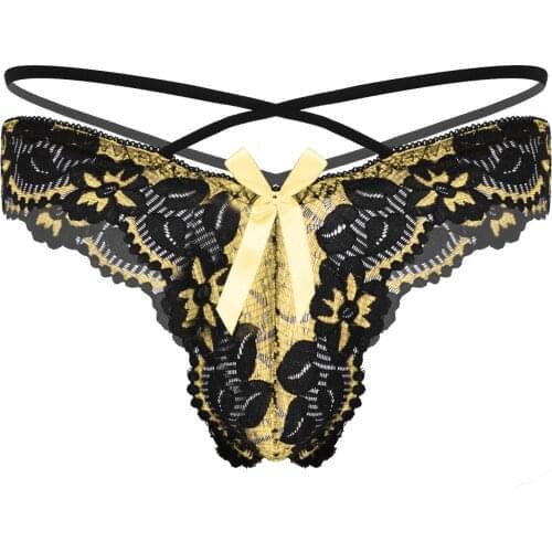 Mens Lingerie Floral Lace Sissy Underwear Bottom Hollow Out Bowknot Decor G-string Erotic Briefs Low Waist T-back Thong Panties