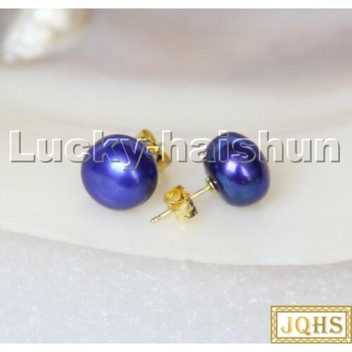 Genuine Studs 12mm round navy blue pearls beads Earrings 14K gold post c303