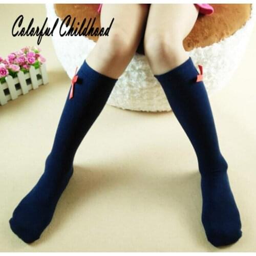 Baby Girls New Bow-tied Pure Colored Middle Tube Socks Infant Pure Cotton Socks Toddler Kid 's Autumn Socks For 2 To 8t Years