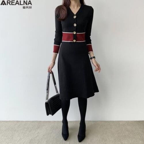 Autumn V-neck Sweater Dress Women Hit color Knitted sexy bodycon dress Female full Sleeve Knitwear Vestidos 2020 high quality