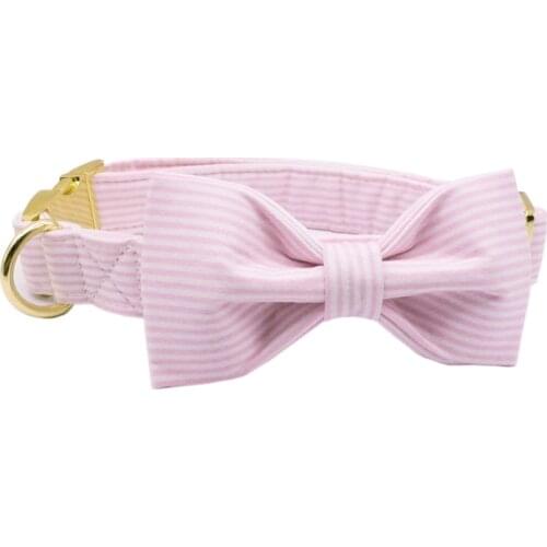 Pink Striped Dog Collar and Leash Set with Bow tie Handmade Dog &Cat Necklace and Dog Leash Pet Accessories