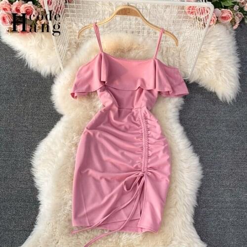 HangCode 2021 Sexy Off Shoulder Ruffled Bodycon Dress Women Spaghetti Strap Summer Drawstring Split Party Sexy Mini Dress