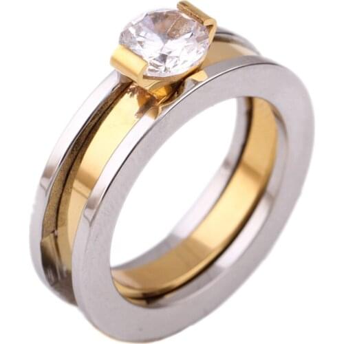 Gold Color Stainless Steel Bow Wedding Rings Made With Austrian Crystal Cubic Zirconia