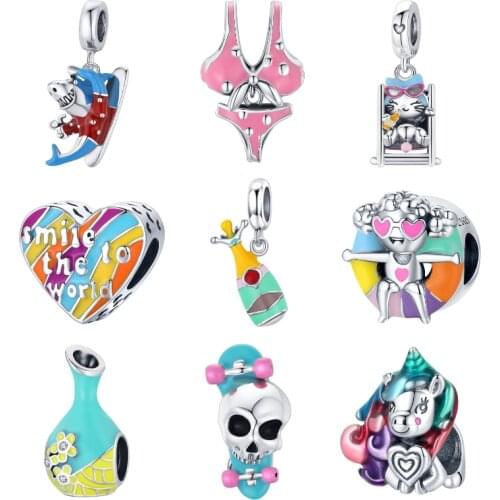 BISAER 925 Sterling Silver Colorful Enamel Charms Champagne Shark Pony Beads Fit Original Bracele DIY Jewelry Making ECC1918