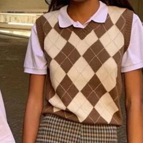 Urifens British Academy Diamond Plaid Top Autumn Womens V-neck Contrast Sleeveless Sweater Vest 2021 Korean Knitwear BN32U