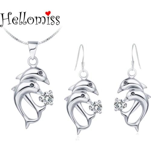 925 Silver Jewelry Sets for Women 2 Colors Double Dolphin Pendant Necklace Earring 2 Pcs Fashion Costume Jewelry Set Bijoux