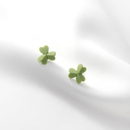 925 Sterling Silver Green Color Clover Ceramic Stud Earrings For Women Girl