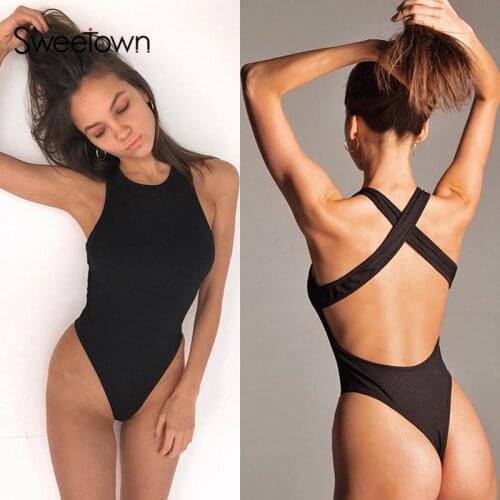 Sweetown 2020 Summer Off Shoulder Sexy Bodysuit Women Backless Cross Rave Sporty Outfits Solid Slim Body Mujer Rompers Beachwear