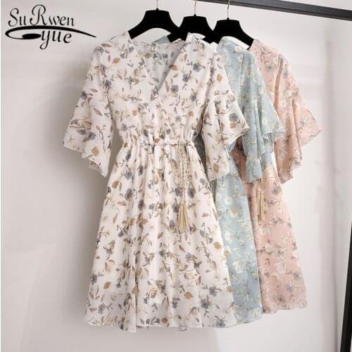 2021 Summer Chiffon Dress Short Sleeve V-neck Floral High Waist Dresses Knee-length Vintage Party Women Dress Vestidos 8902 50