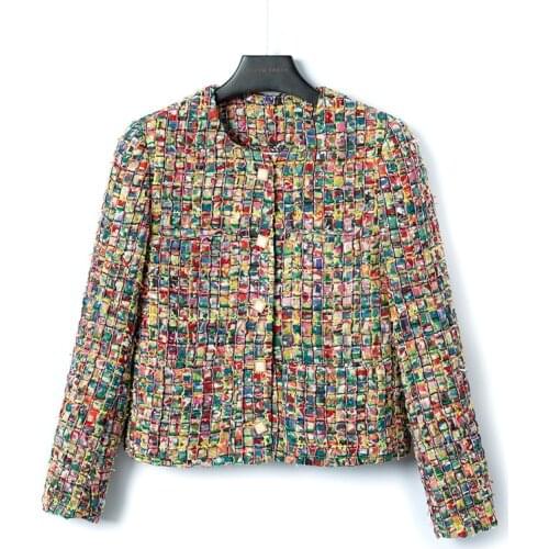 2021 new temperament fan knitting tweed top color check bright silk small fragrance coat for women